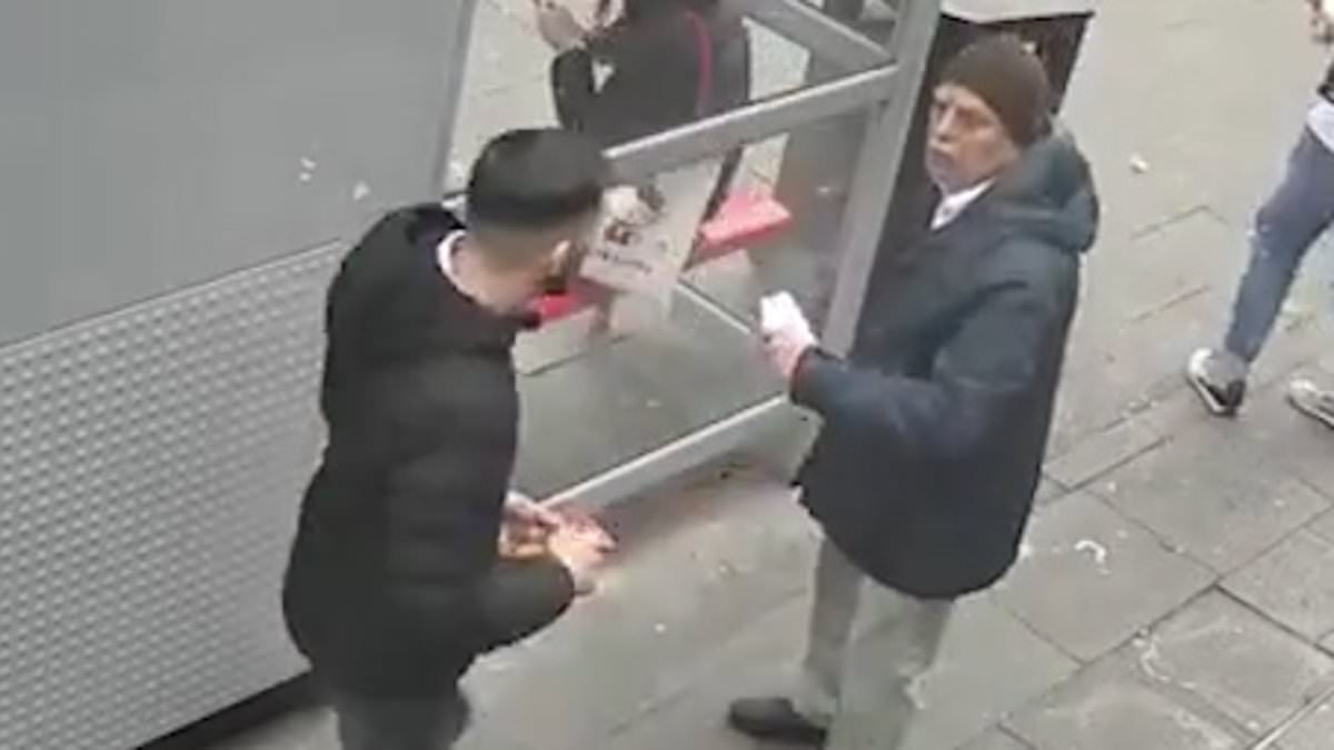 Incredible moment pensioner bravely scares off pickpocket pair by raising an angry fist to them as they try to steal his mobile phone at bus stop [Video]