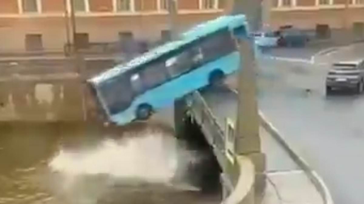 Horrifying moment out-of-control bus smashes into a car then plunges off a bridge into a river with 15 passengers on board, killing three before others are rescued from submerged vehicle in St Petersburg [Video]