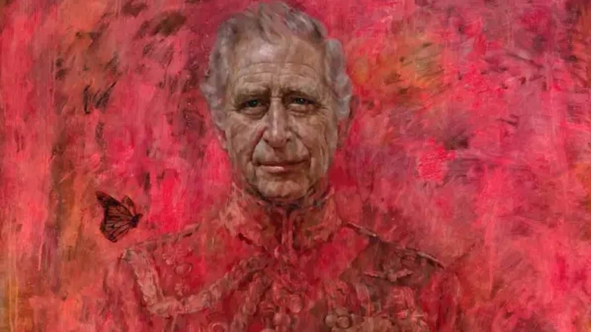 King Charles unveils red, fiery painting of himself as his first post-Coronation portrait by artist Jonathan Yeo who included butterfly to capture his ‘metamorphosis from Prince to King’ [Video]