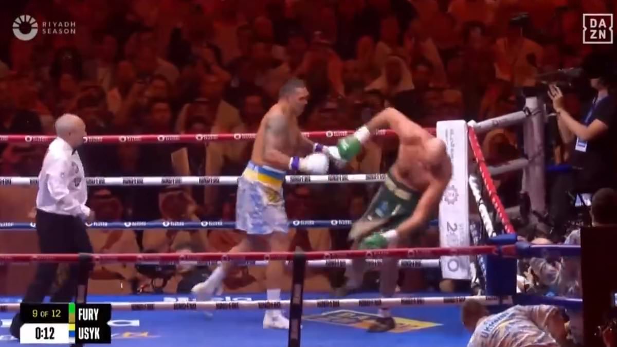 Tyson Fury STAGGERS as Oleksandr Usyk forces the Gypsy King onto the ropes for a knockdown after unloading a flurry of brutal punches… as Ukrainian fighter seals victory [Video]